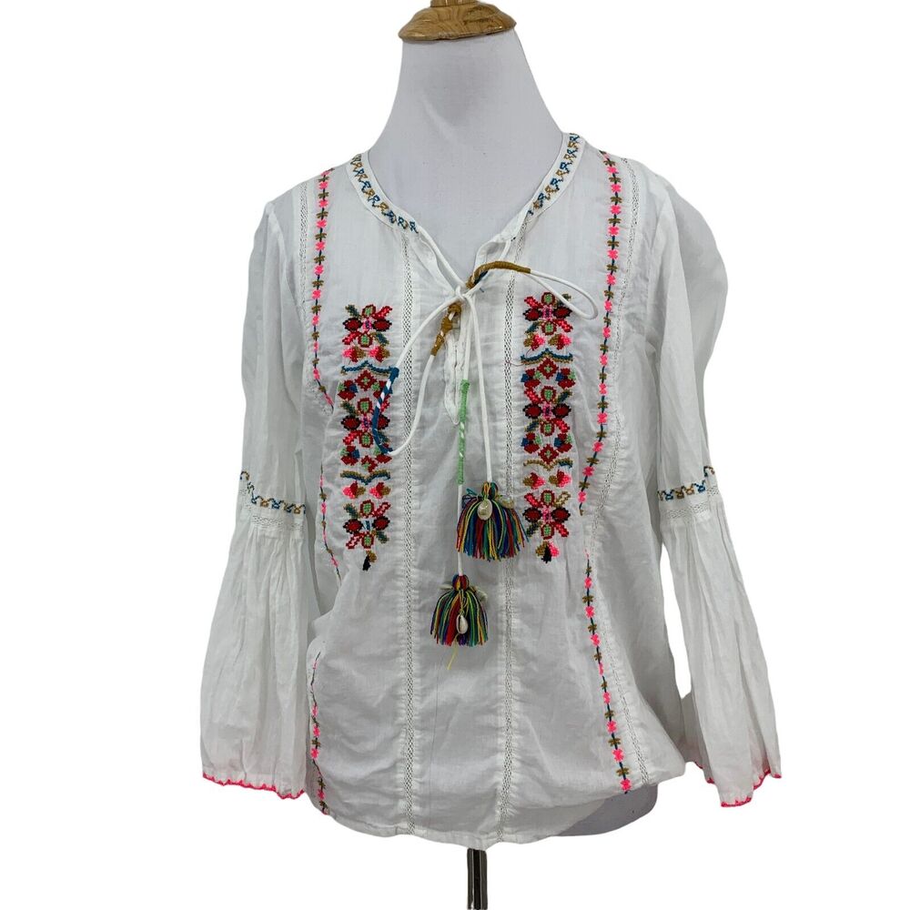 Kalypso 7 Embroidered Blouse Womens XS Extra Small Tie Tassel Boho Bell Sleeves